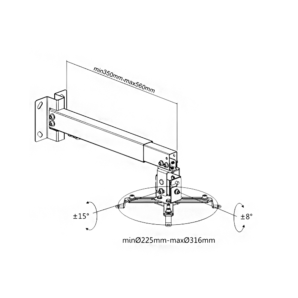 HFTM-PM822: Projector Wall/Ceiling Mount, 4 Arm Tilt & Rotate Adjustable Length 430 to 650mm - Black